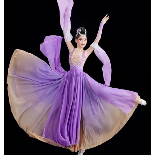 Women girls purple gradient chinese folk dance dress waterfall sleeves fairy classical fan umbrella dance costumes for female